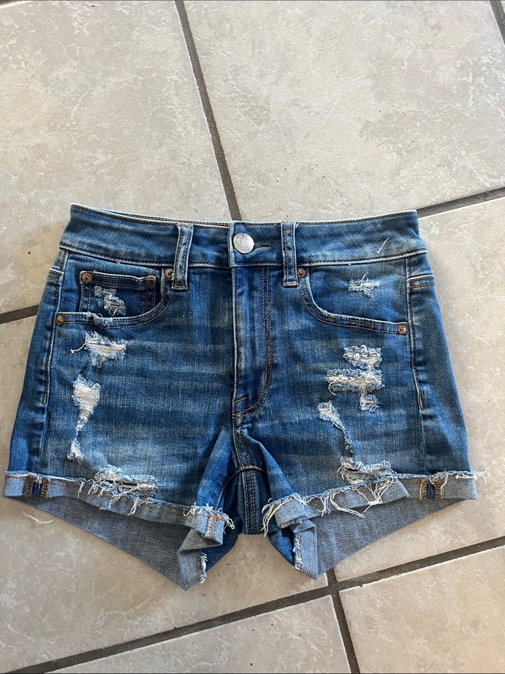 American Eagle Outfitters Distressed Blue Stretchy Jean Shorts